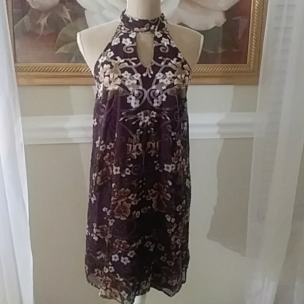 Elegant Floral Chocolate Sheer & Velvet Mini Dress